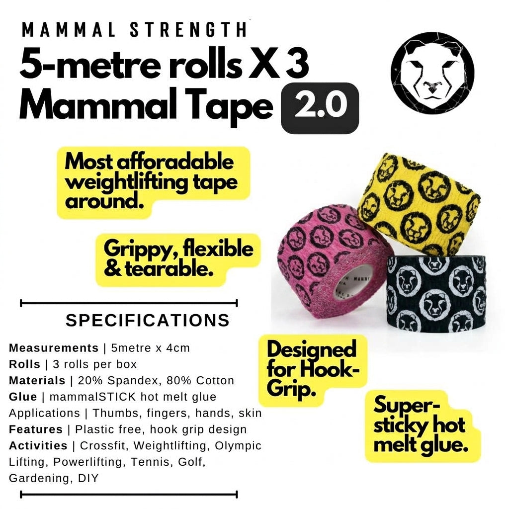 PRE ORDER: Mammal Tape 5-Metre Rolls - Thumb & Weightlifting Tape (3-Pack / Multi / 2.0 Spec) - SHIPPING THIS WEEK