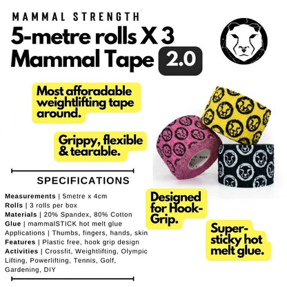 PRE ORDER: Mammal Tape 5-Metre Rolls - Thumb & Weightlifting Tape (3-Pack / Multi / 2.0 Spec) - SHIPPING THIS WEEK