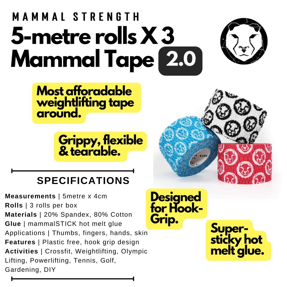 Mammal Tape 5-Metre Rolls - Thumb & Weightlifting Tape (3-Pack / Black / 2.0 Spec)